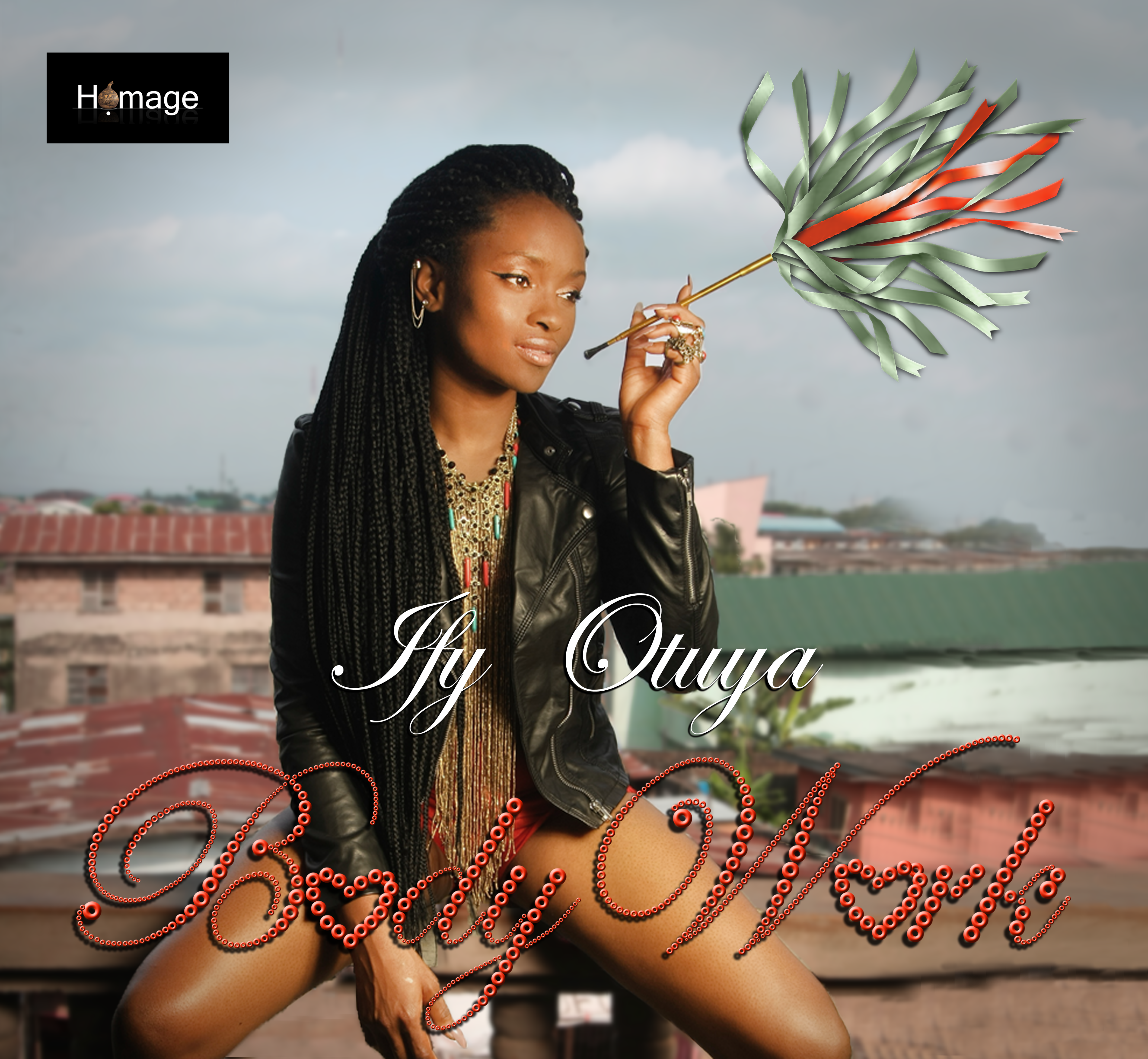 Ify Otuya on the cover of afrobeats song Body Work, sitting with legs apart on a wall and holding a gold pipe/ tube.
