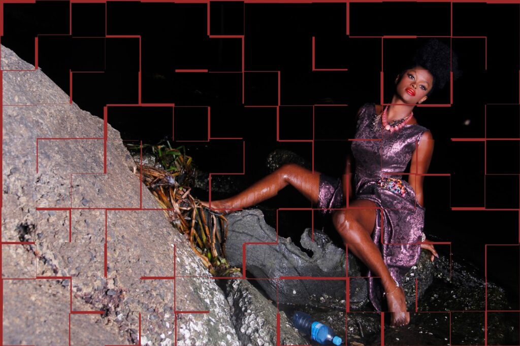 Model/ Singer Ify Otuya sitting on a rock and surrounded by water in Couture Art Photograph.